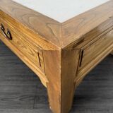 Table basse vintage en bois (chêne massif) et marbre