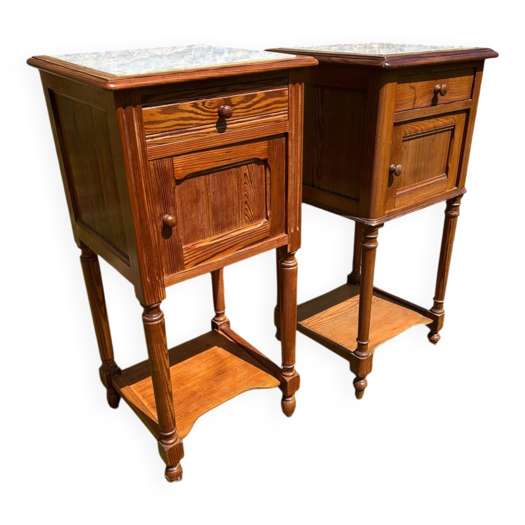 Pair of wooden and white marble bedside tables circa 1900