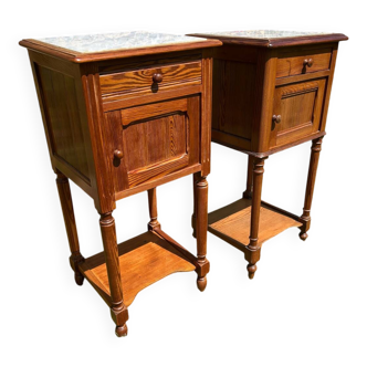 Pair of wooden and white marble bedside tables circa 1900