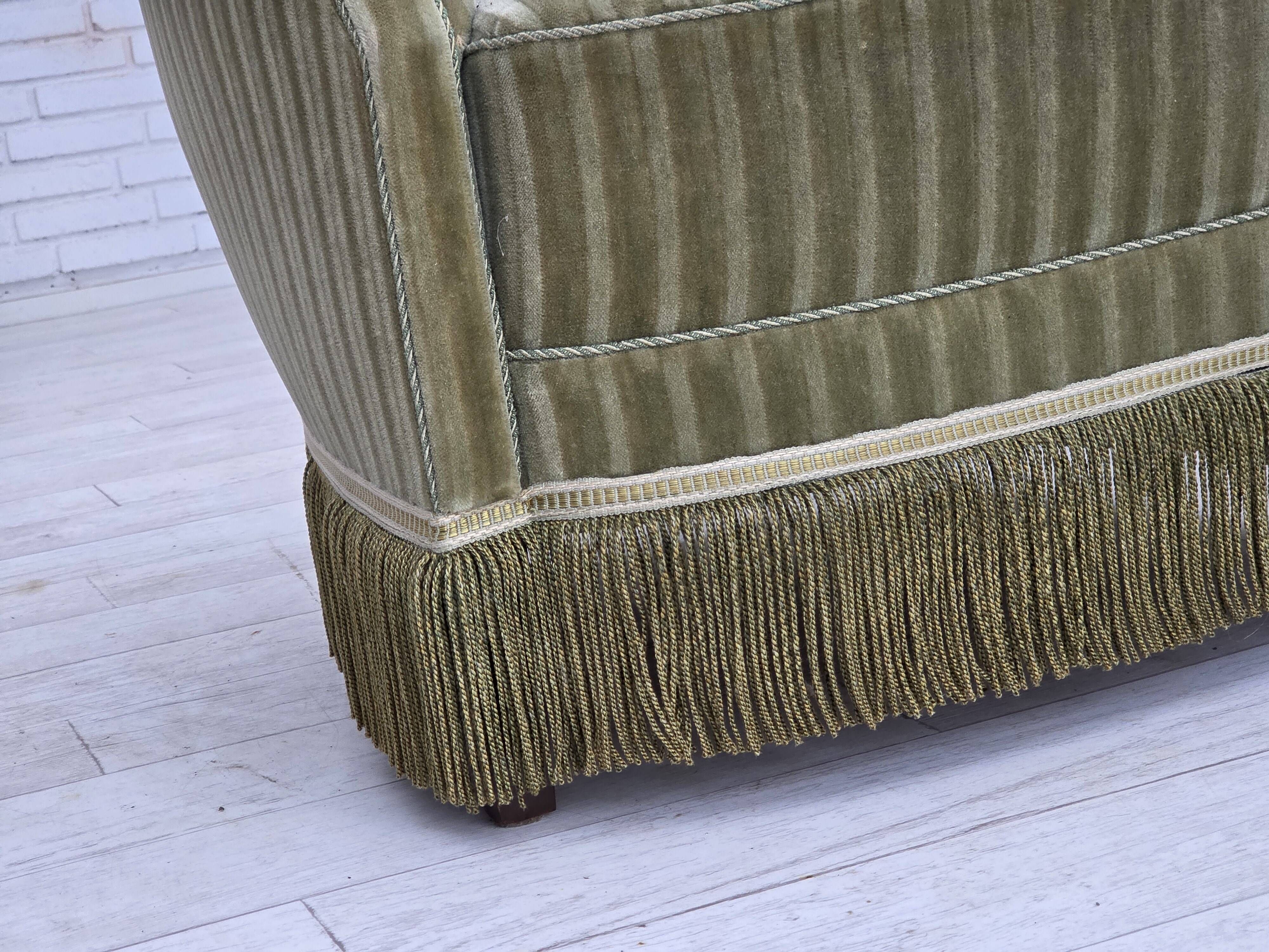 1960s, Danish armchair, original striped furniture velour, beech wood legs.