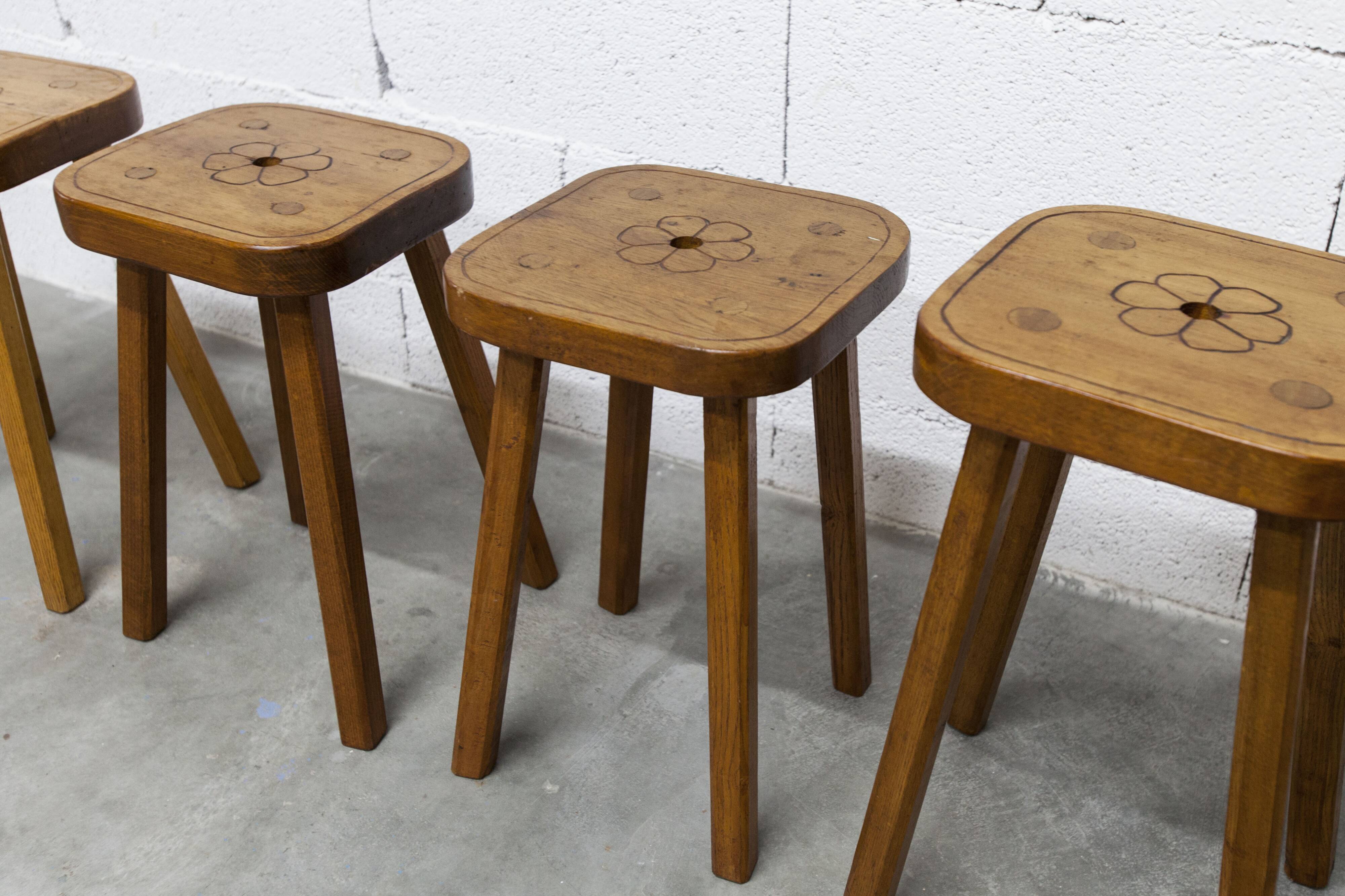 Set of 4 brutalist stools, handcrafted, 1960, flower.