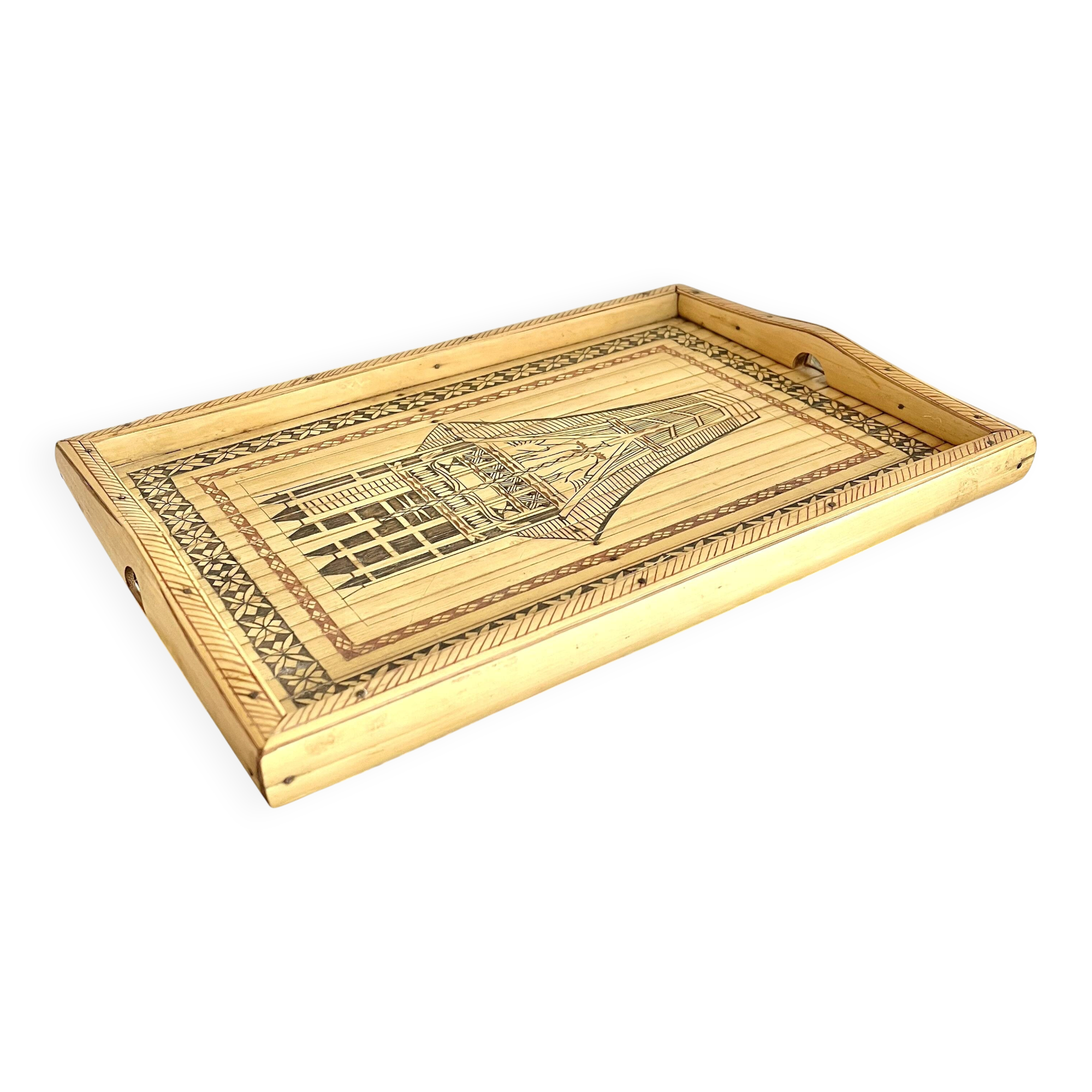 Engraved bamboo rattan tray
