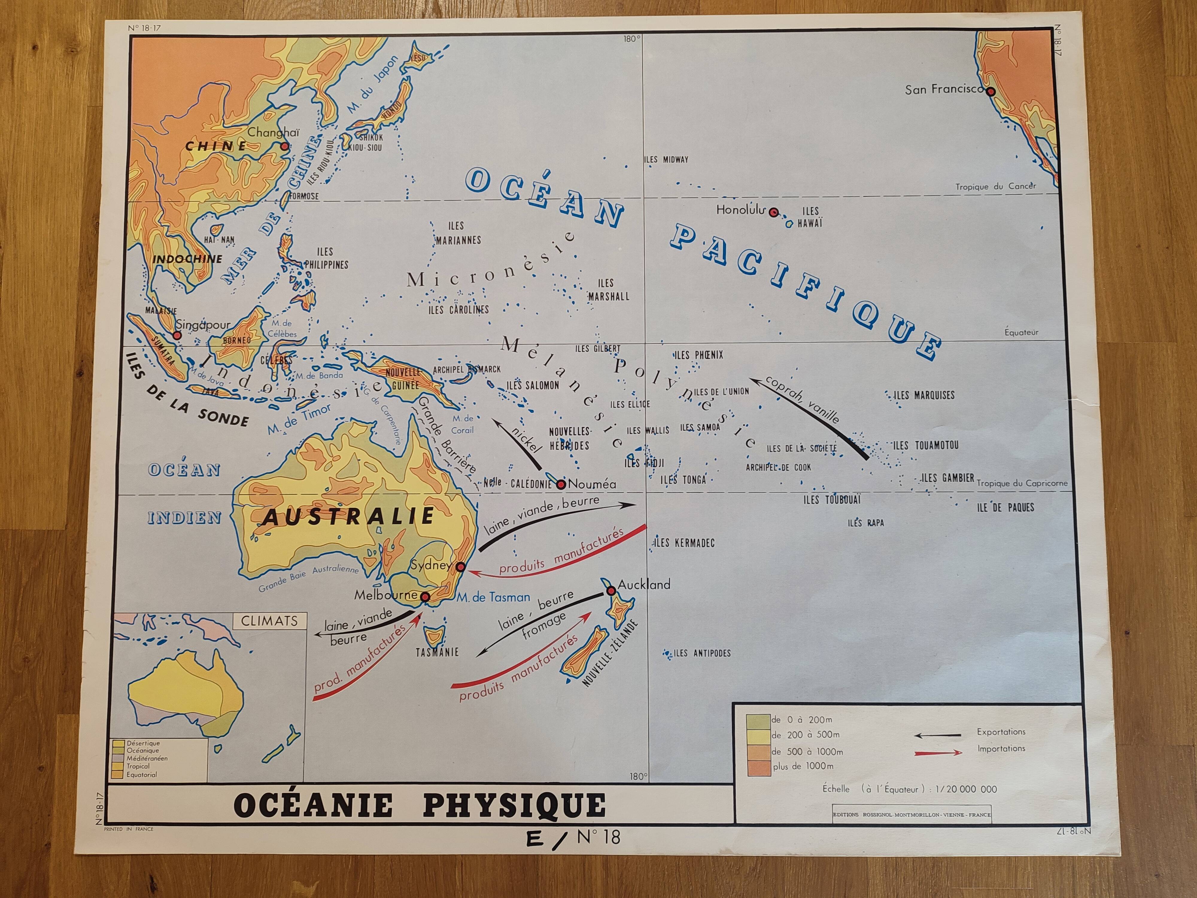 Carte scolaire ancienne Amérique du sud Brésil  2em face Australie, Océan Pacifique