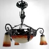 Lustre en fer forgé et pate de verre, Art Deco, Muller Freres, Circa 1920