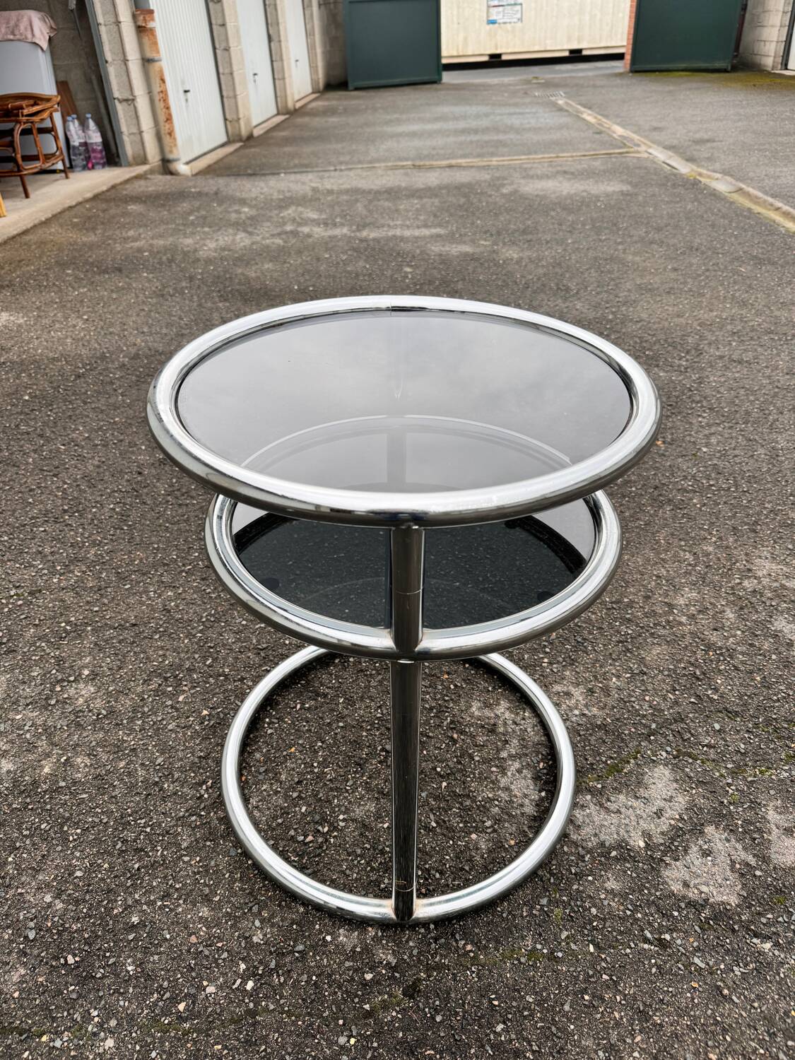 Side table with 2 shelves in chromed metal and smoked glass, circa 1970