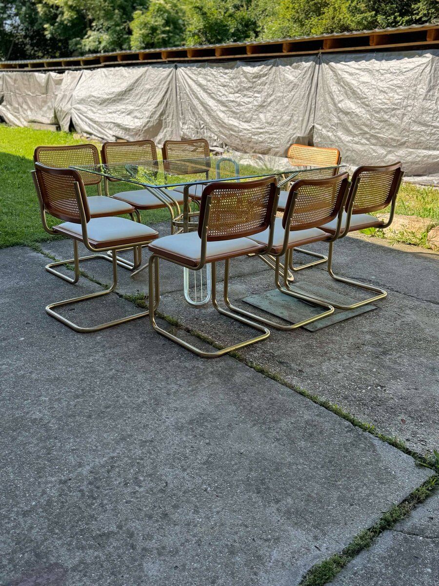 Italian brass dining set with table and chairs, 1970s, set of 9