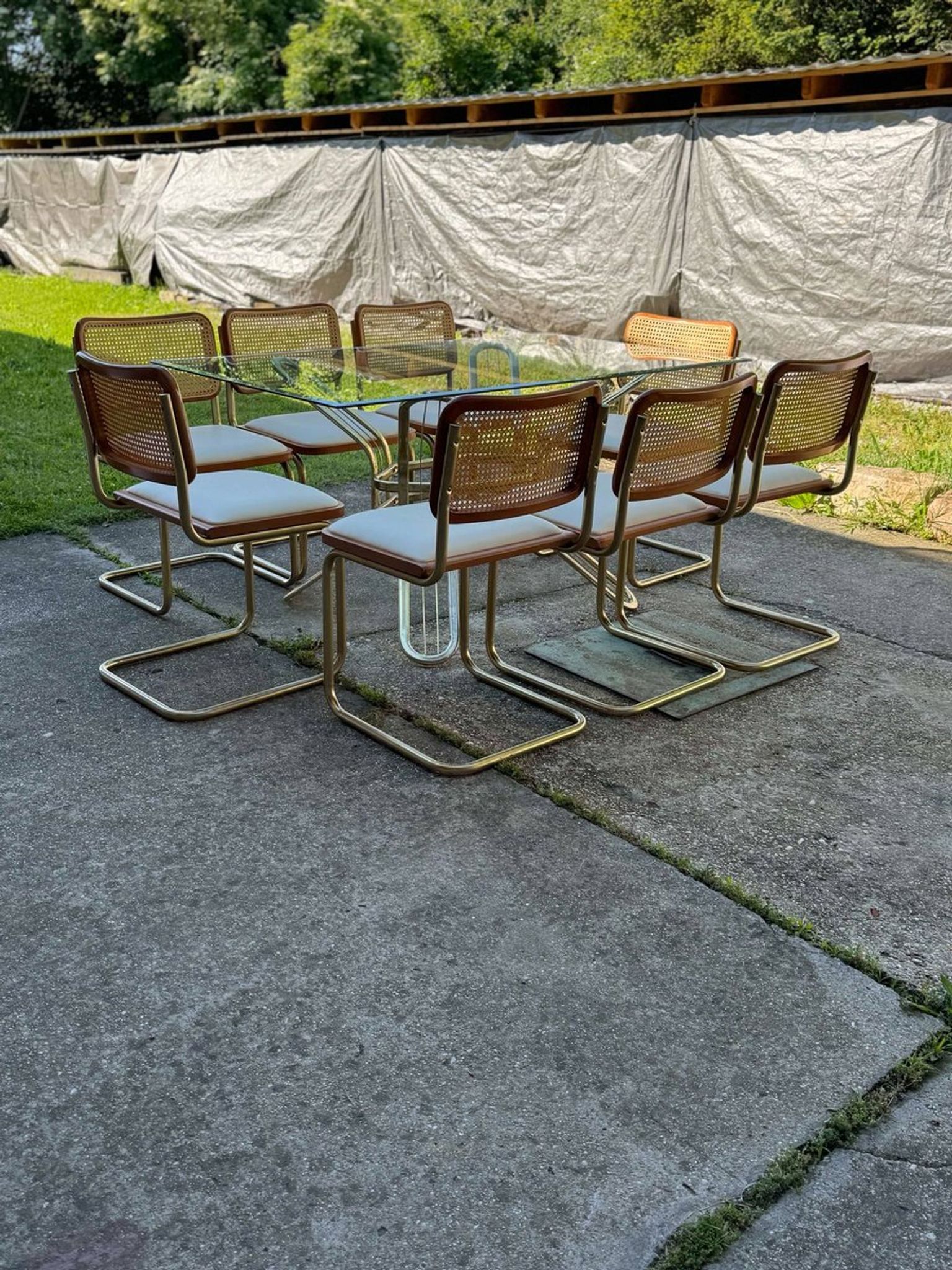 Italian brass dining set with table and chairs, 1970s, set of 9