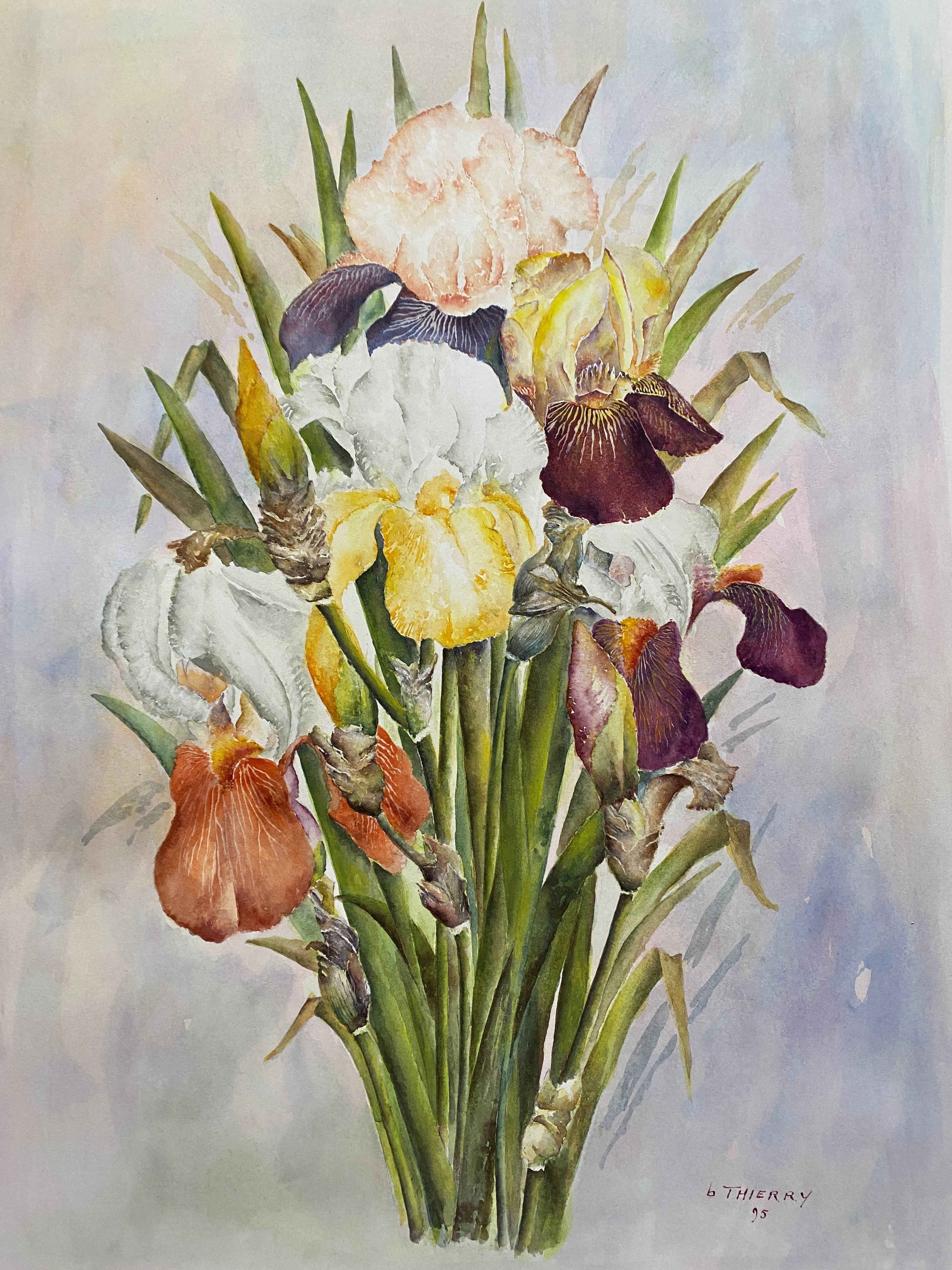Tableau aquarelle naturaliste "Les Iris" signée B. Thierry 1995