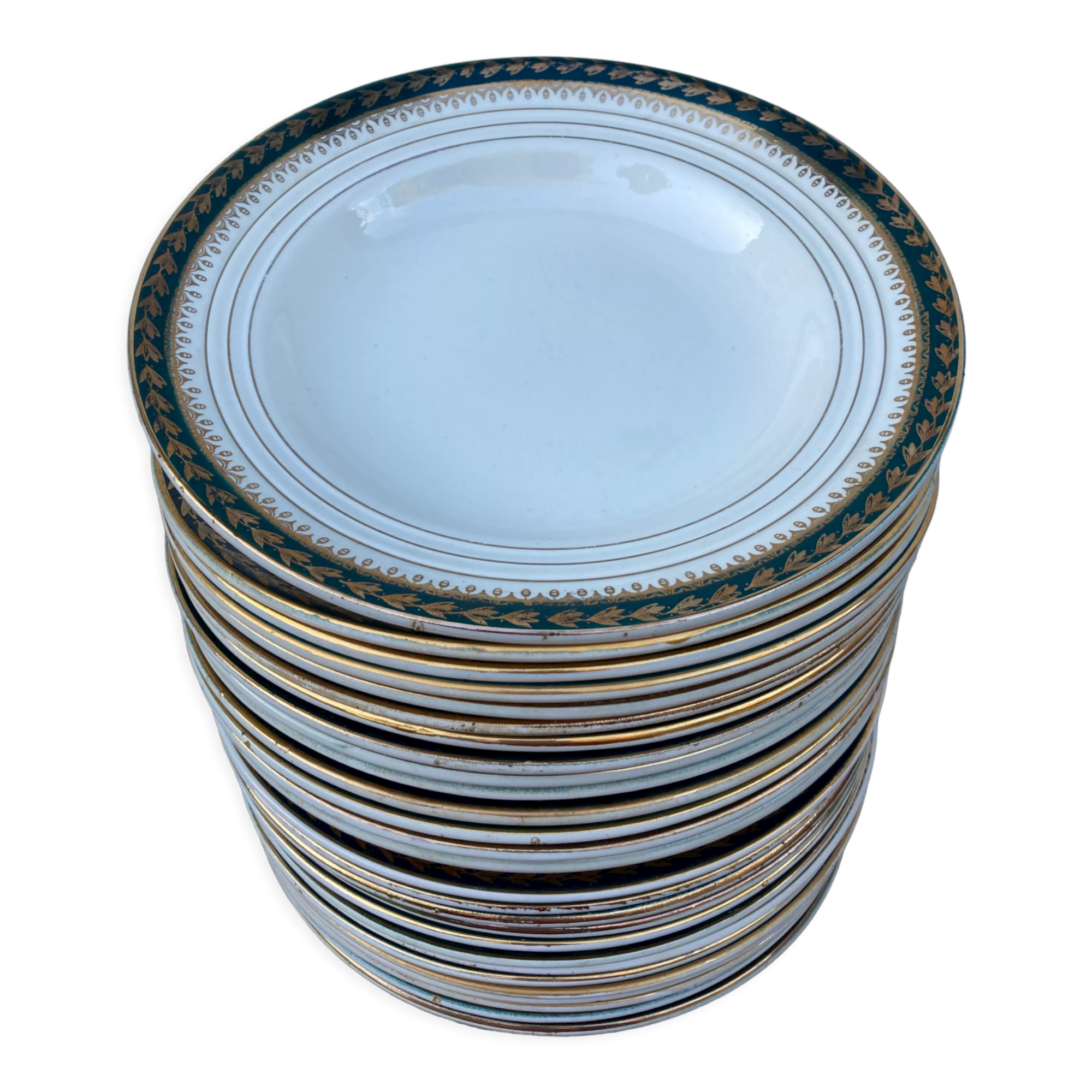 Plates for 14 people Céranord Saint Amand green and golden including hollows and plates