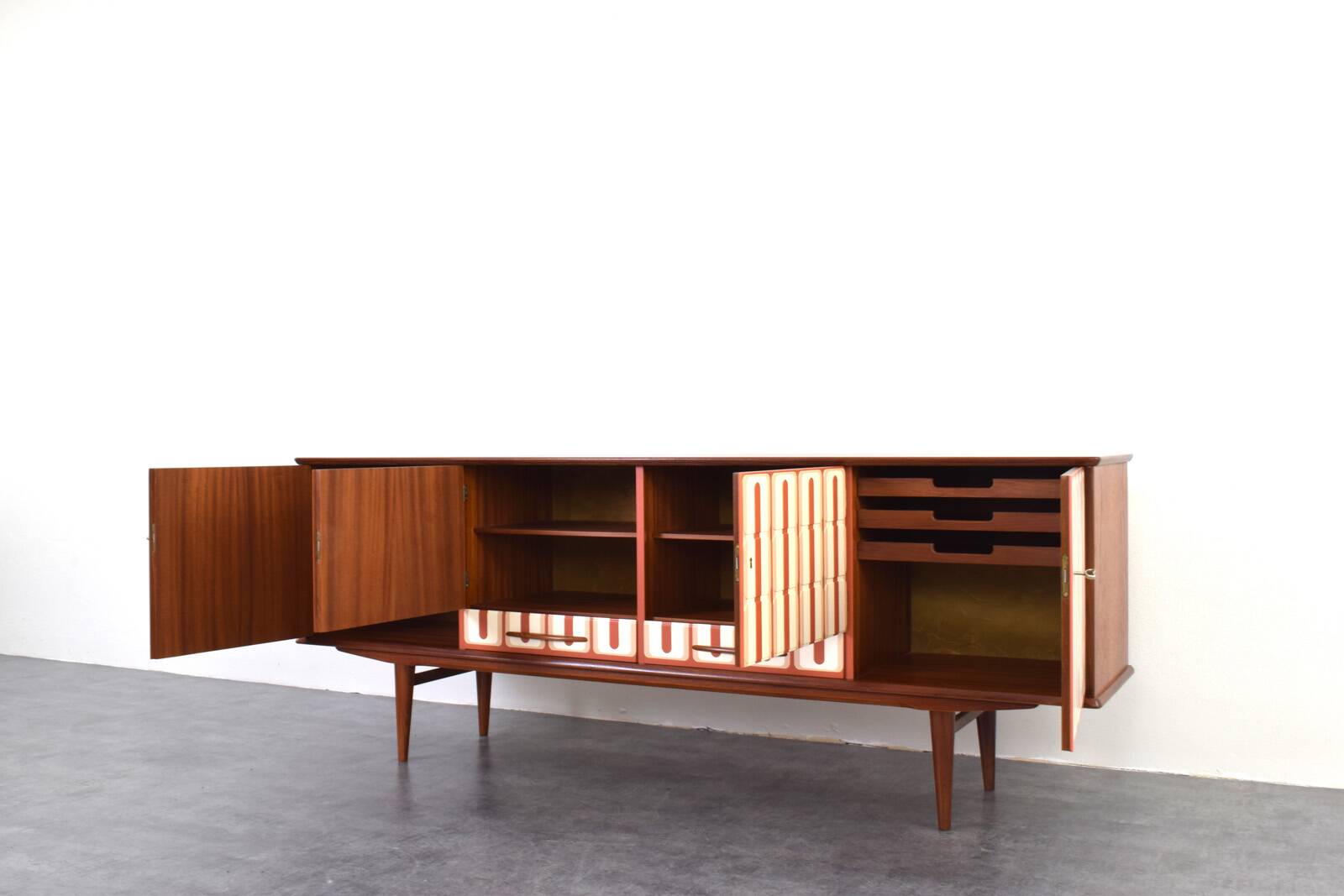 Mid-Century Op-Art Hand-Painted Teak Sideboard, 1960s