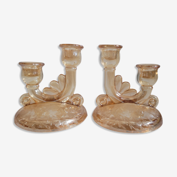 Duo pink glass candle holders