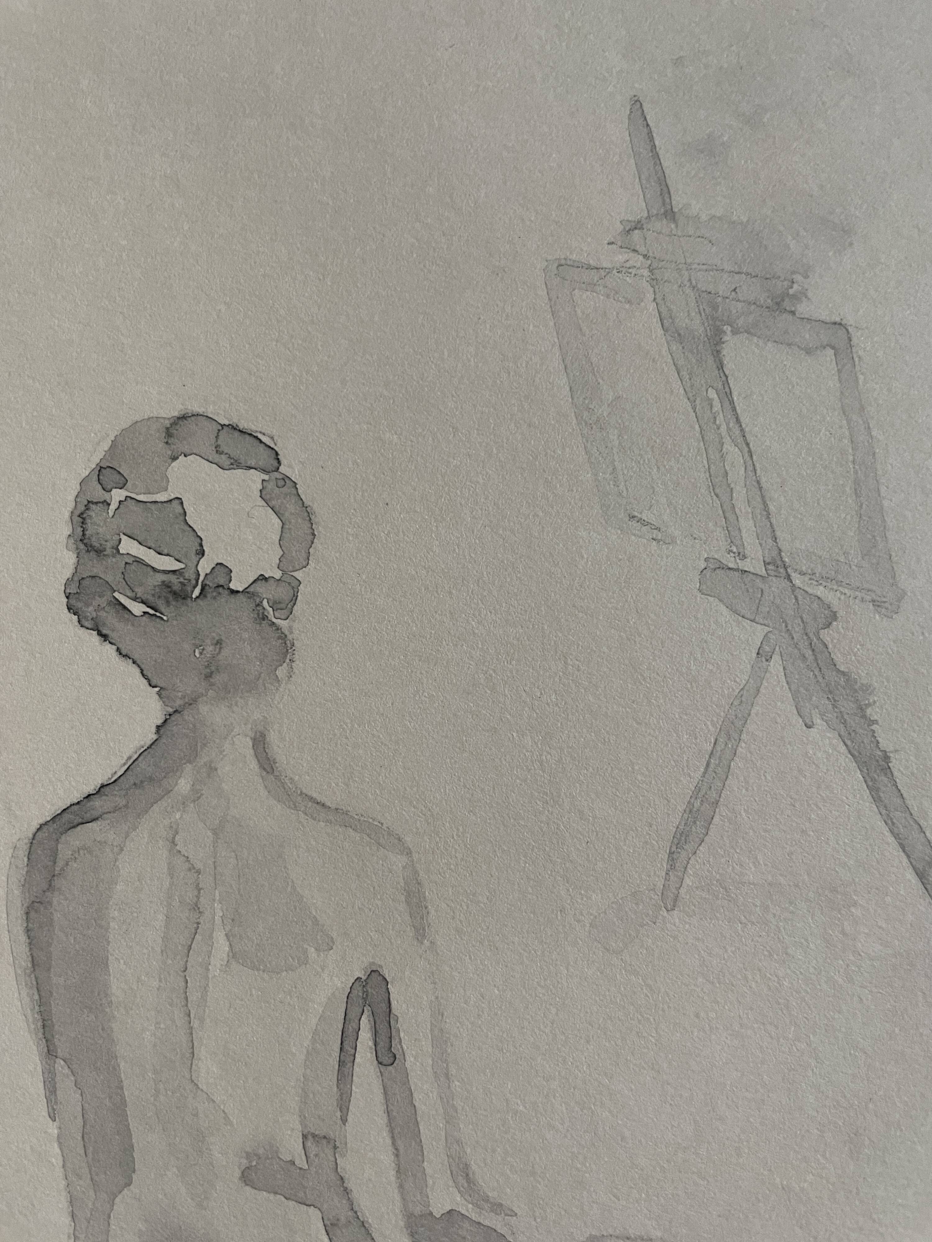 Painting signed monochrome sepia watercolor “female model in the workshop”
