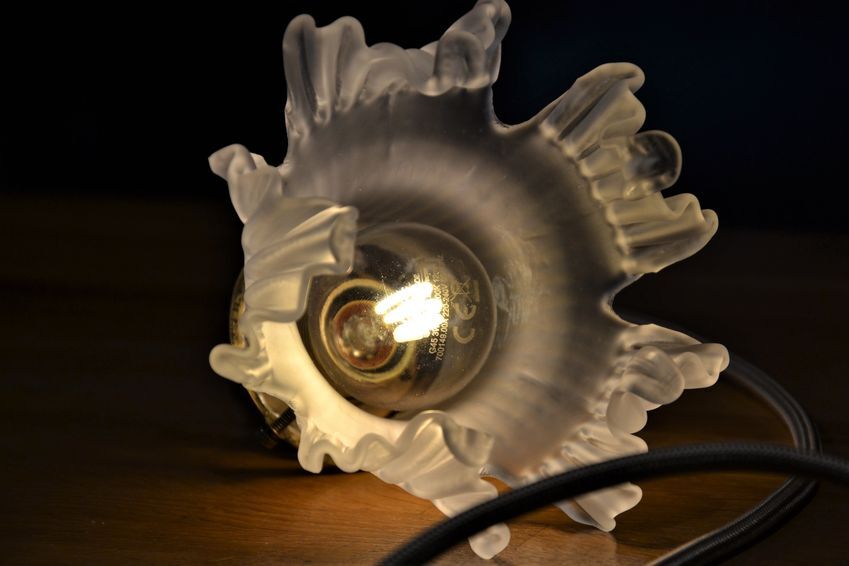 Frosted glass deco stroller, floral art deco walking lamp - beige cord