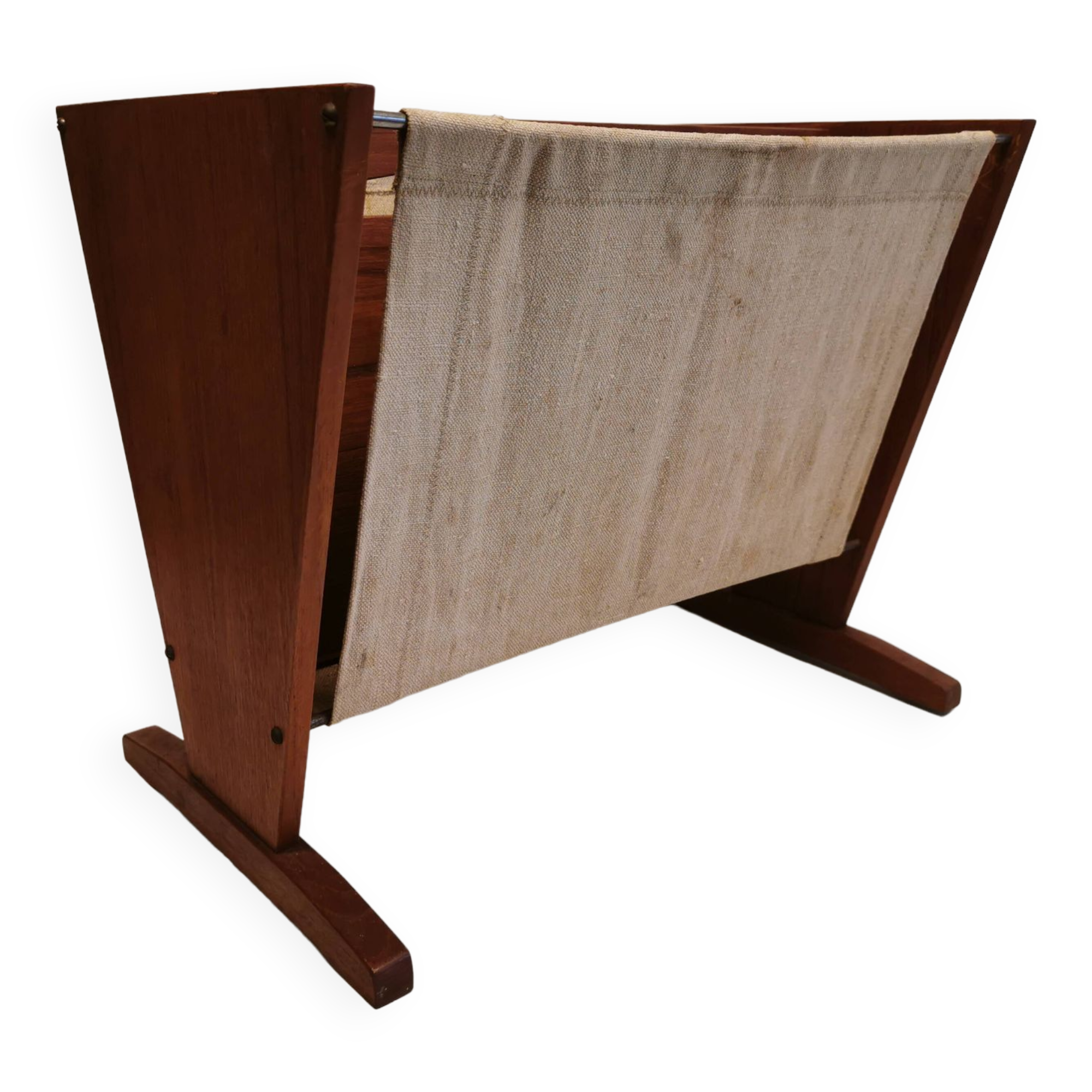 Magazine rack in teak wood with sand-coloured canvas, Danish and from the 1970s.