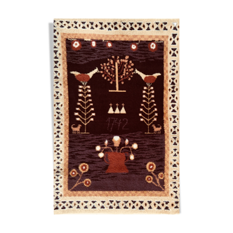 Tapis danois Rya antique, motifs ethniques en couleur marron, ege berber deluxe 1960s - 150x100cm
