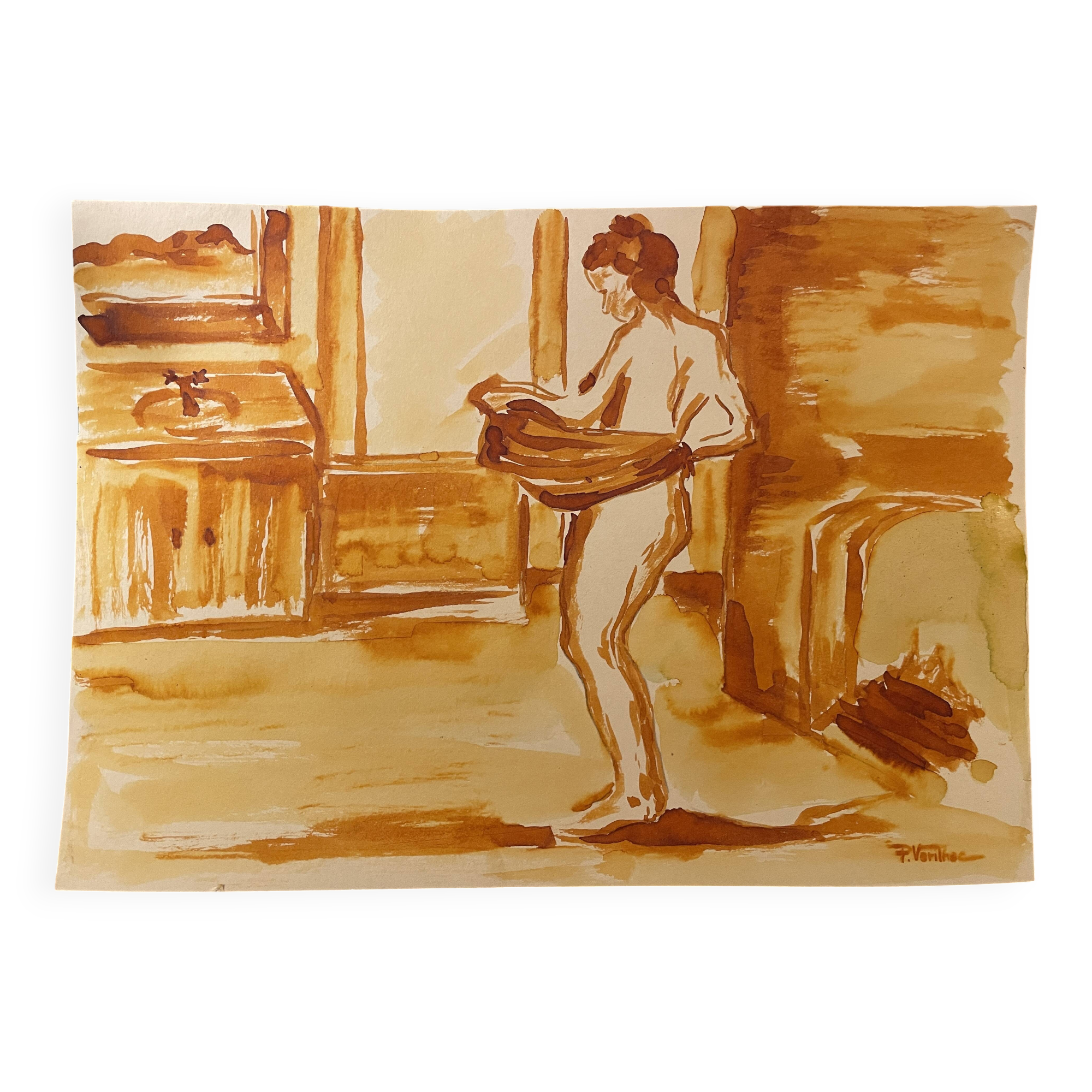 Red chalk watercolor portrait of a woman "study of coming out of the bath"