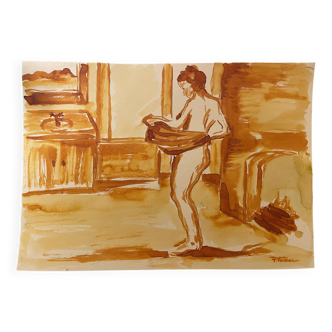 Red chalk watercolor portrait of a woman "study of coming out of the bath"