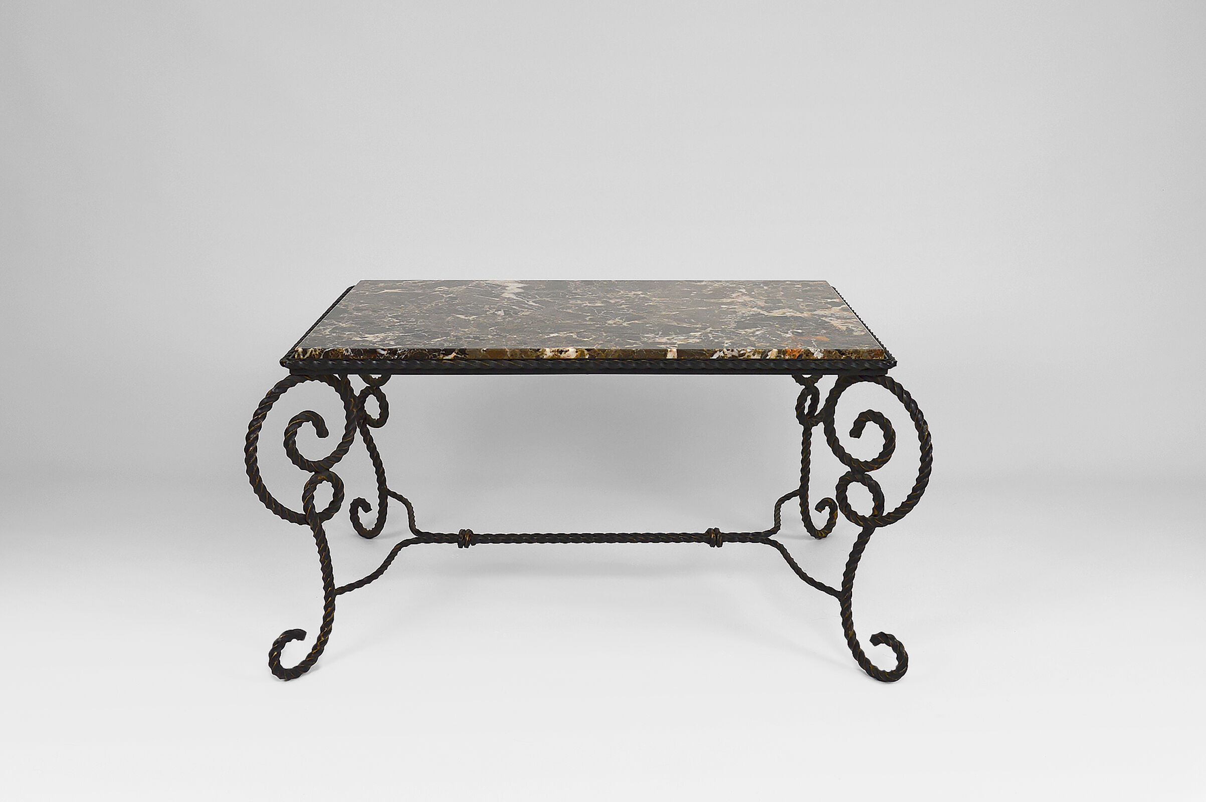 Coffee table in patinated wrought iron and marble, circa 1940