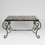 Coffee table in patinated wrought iron and marble, circa 1940