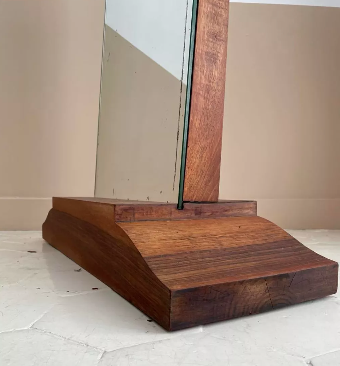 Vintage psyche art-deco mirror, oak and brass, France 1930
