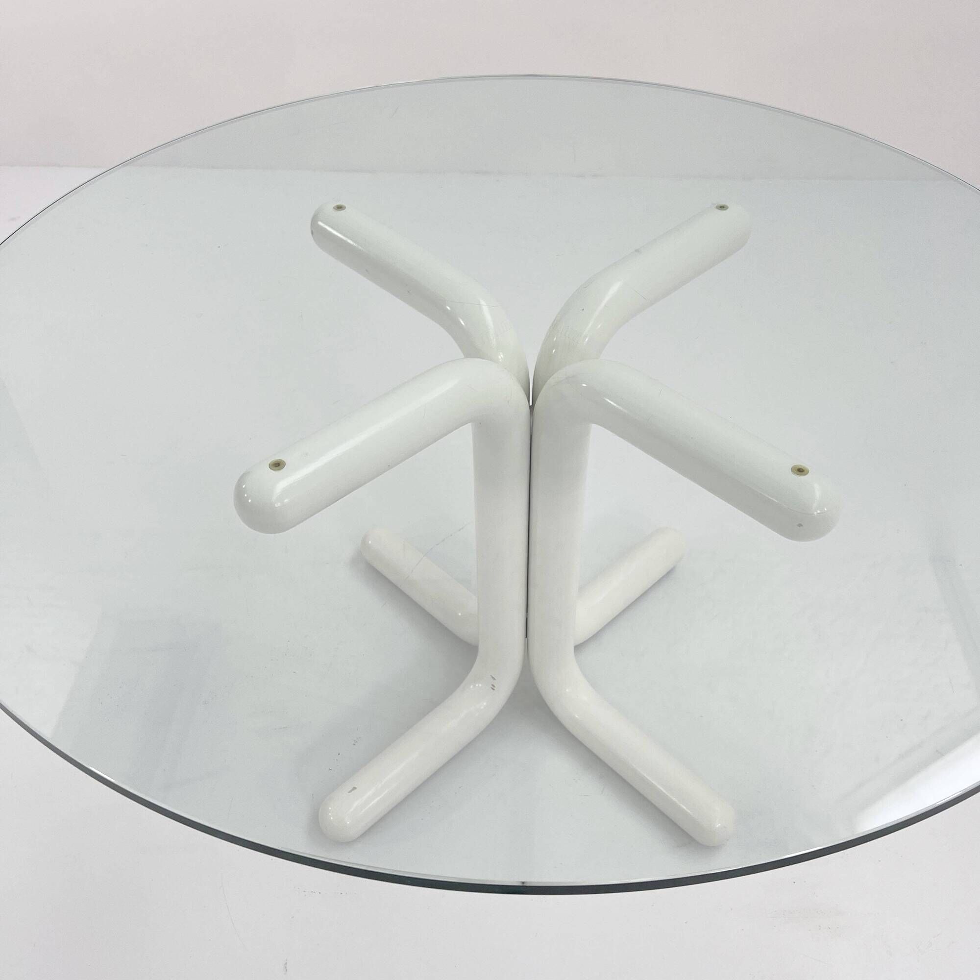 135 cm dining table with thick rounded white wooden legs and glass top, 1980