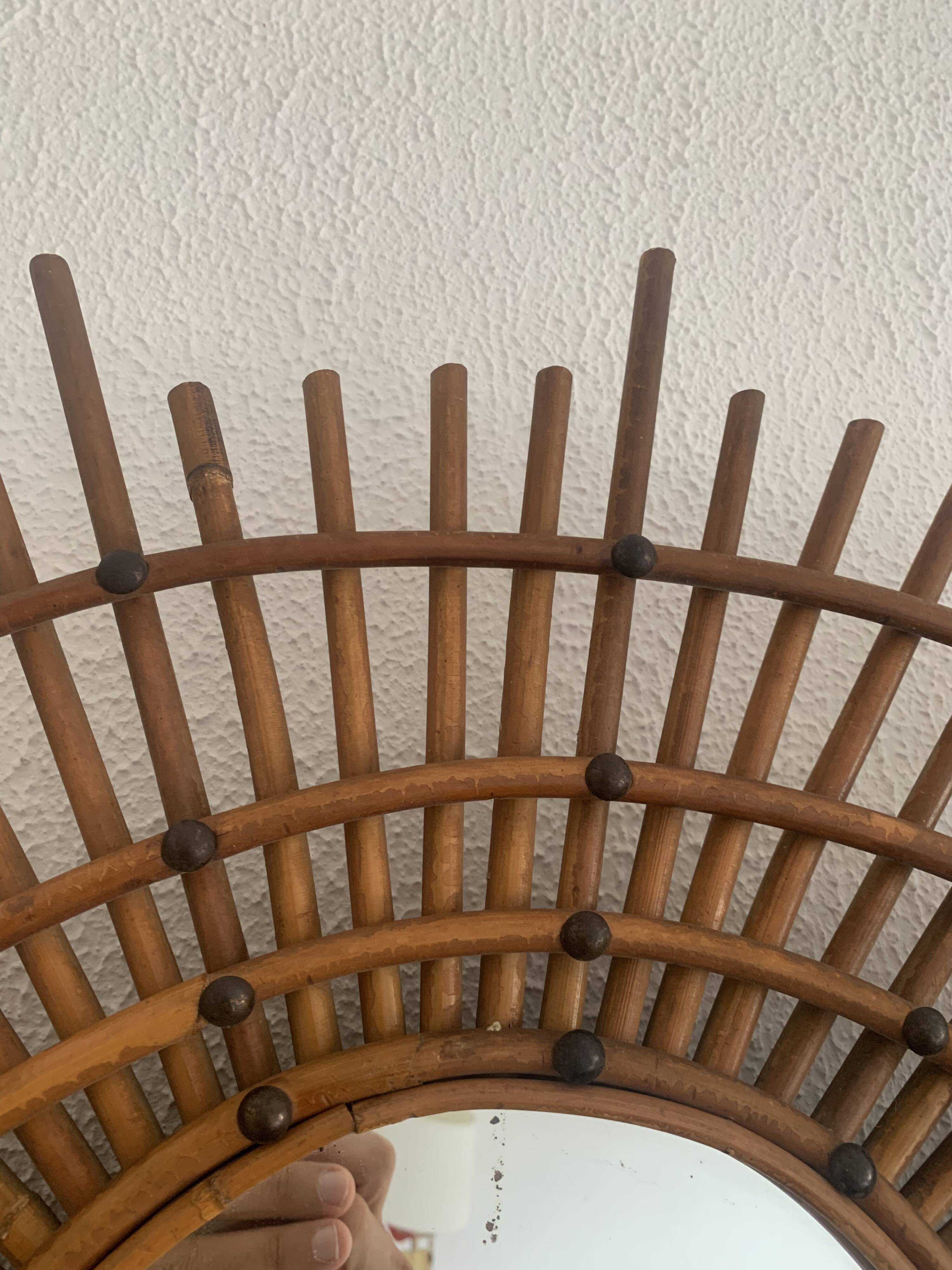 Miroir vintage 1960 soleil rotin style ORTF spirale - 80 x 62 cm