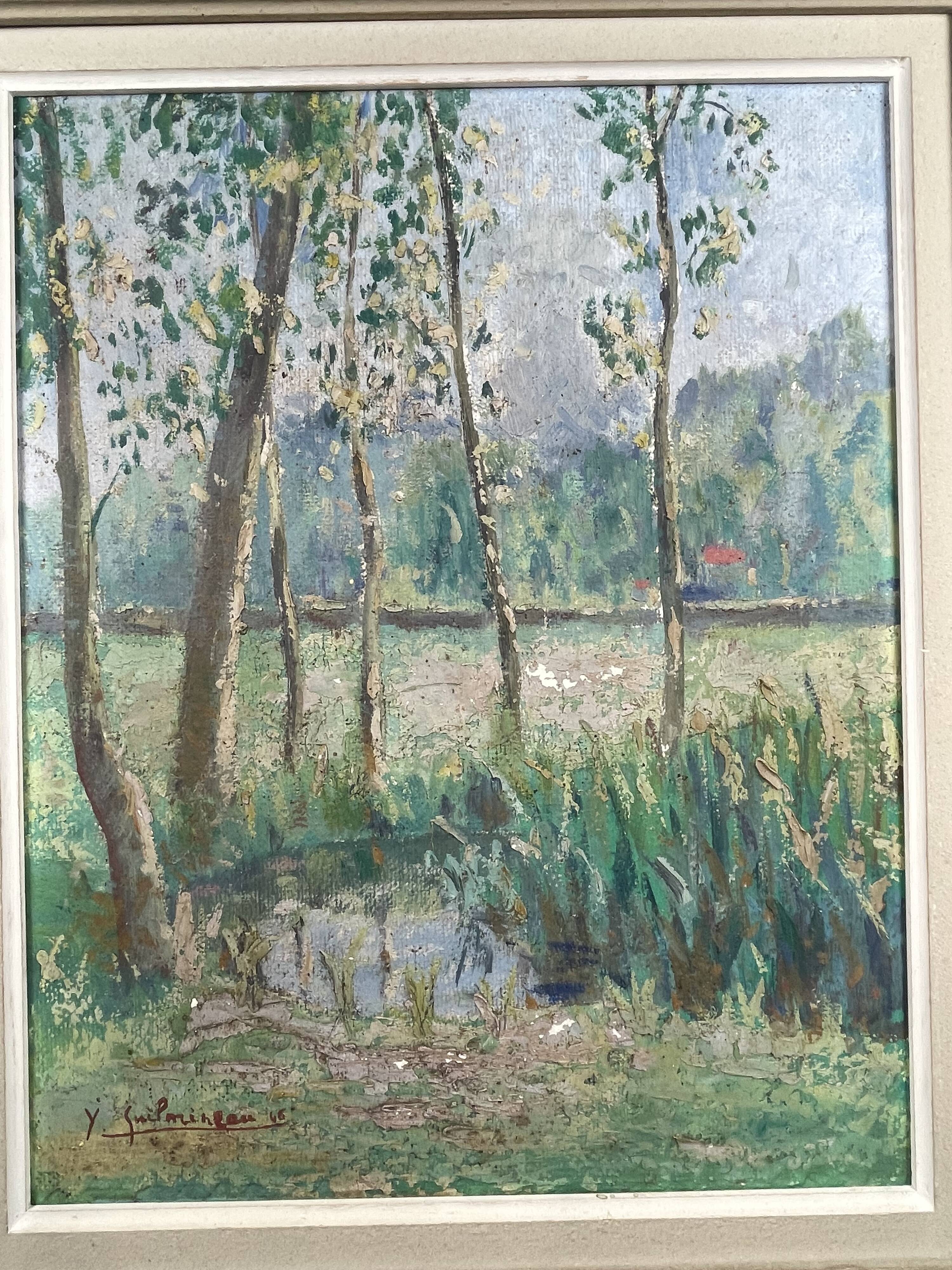 Painting Y. Guilmineau Painter Vendée, Deux Sèvres, Green Venice, Coulon.... 1946