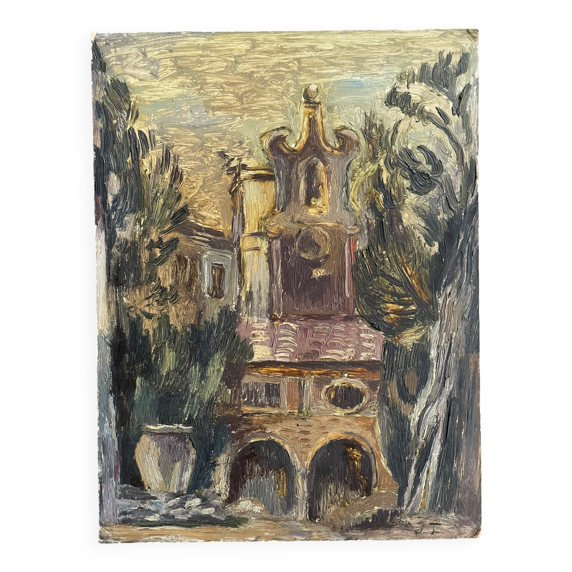 Tableau ancien, église baroque sur carton
