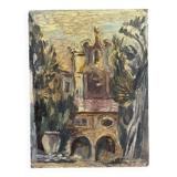 Old painting, baroque church on cardboard