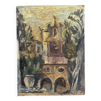 Old painting, baroque church on cardboard