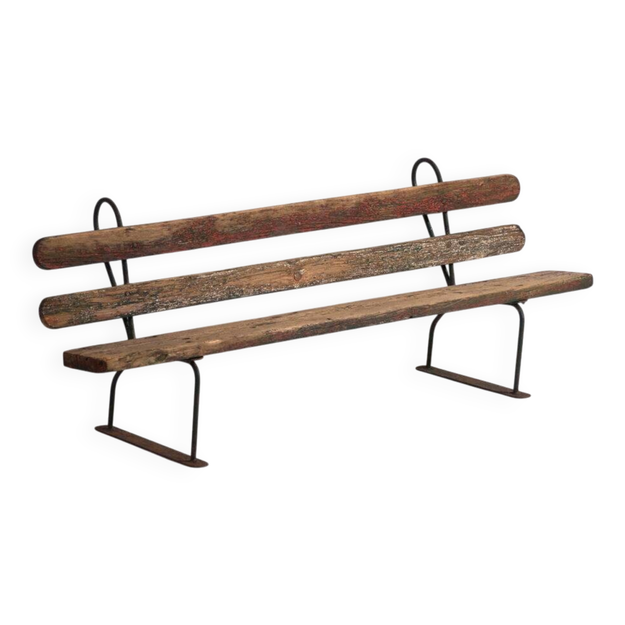 Banc ancien en fer et bois de pin – Europe centrale, vers 1920