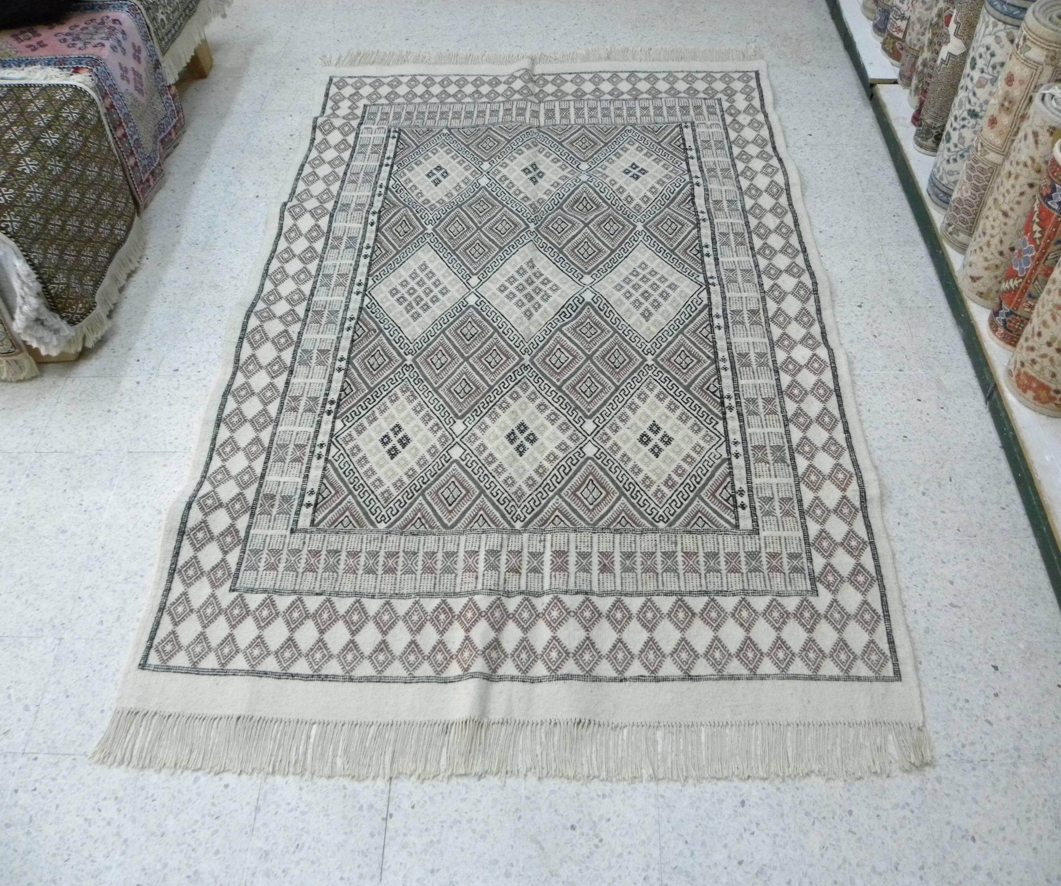 Authentic Traditional Tribal Berber Wool Rug with Geometric Pattern