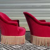 2 antique toad armchairs in red velvet