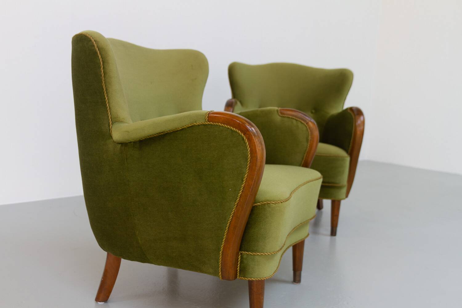Danish art deco green velvet lounge chairs, 1940s. set of 2