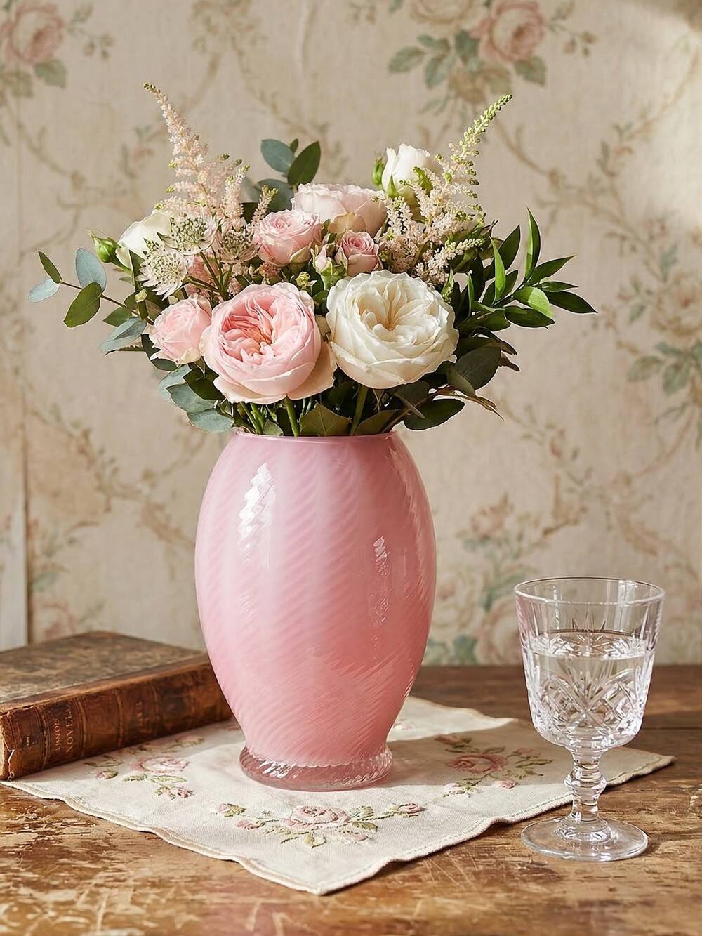 Small twisted pink opaline glass vase, Venetian Murano/Empoli vintage.