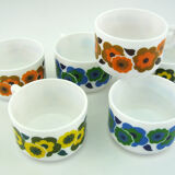 6 cups lotus arcopal france - orange, blue and yellow pop flower patterns - vintage 70s
