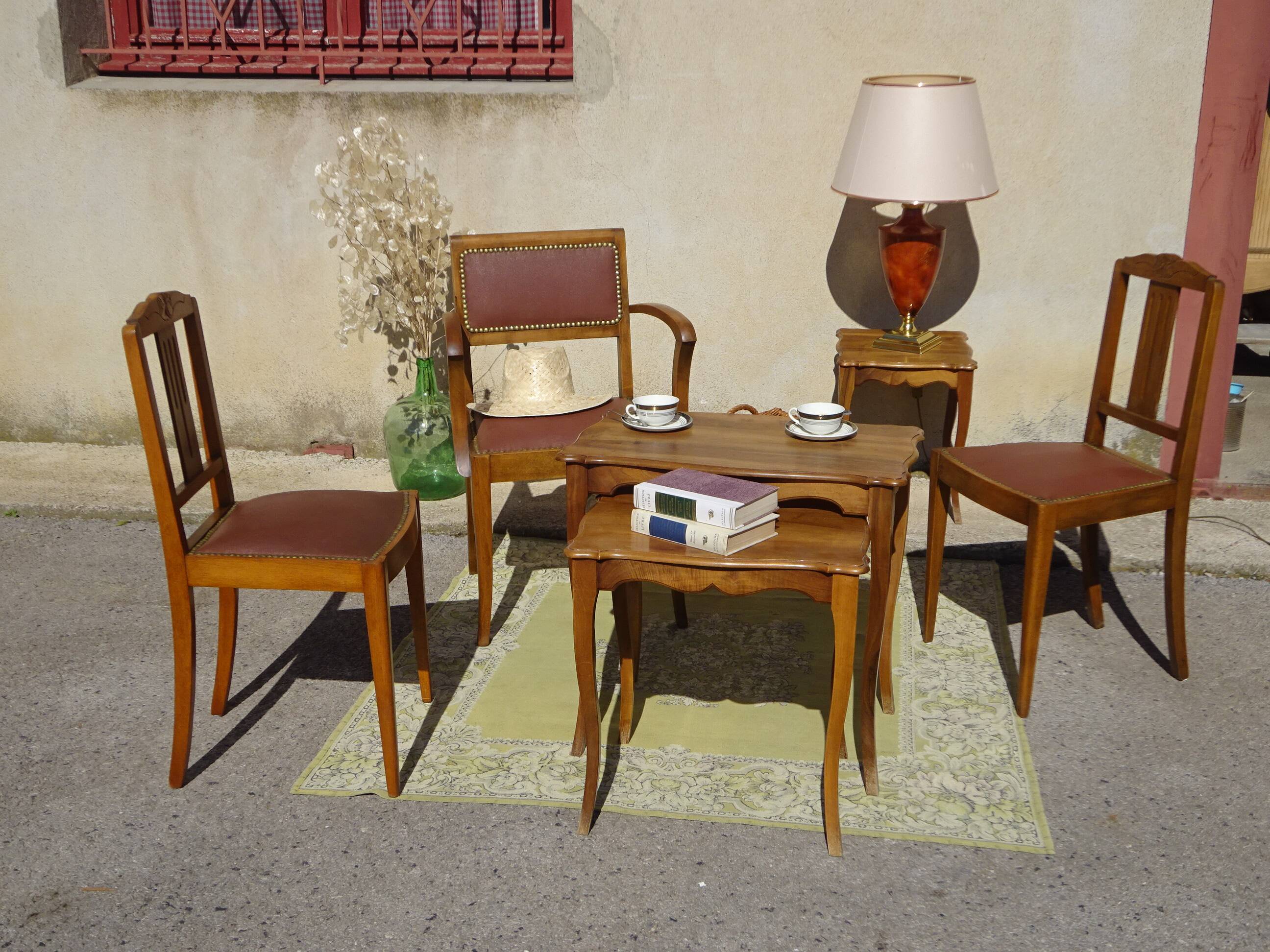 Matching set of 1 bridge armchair and 2 Art Deco chairs.