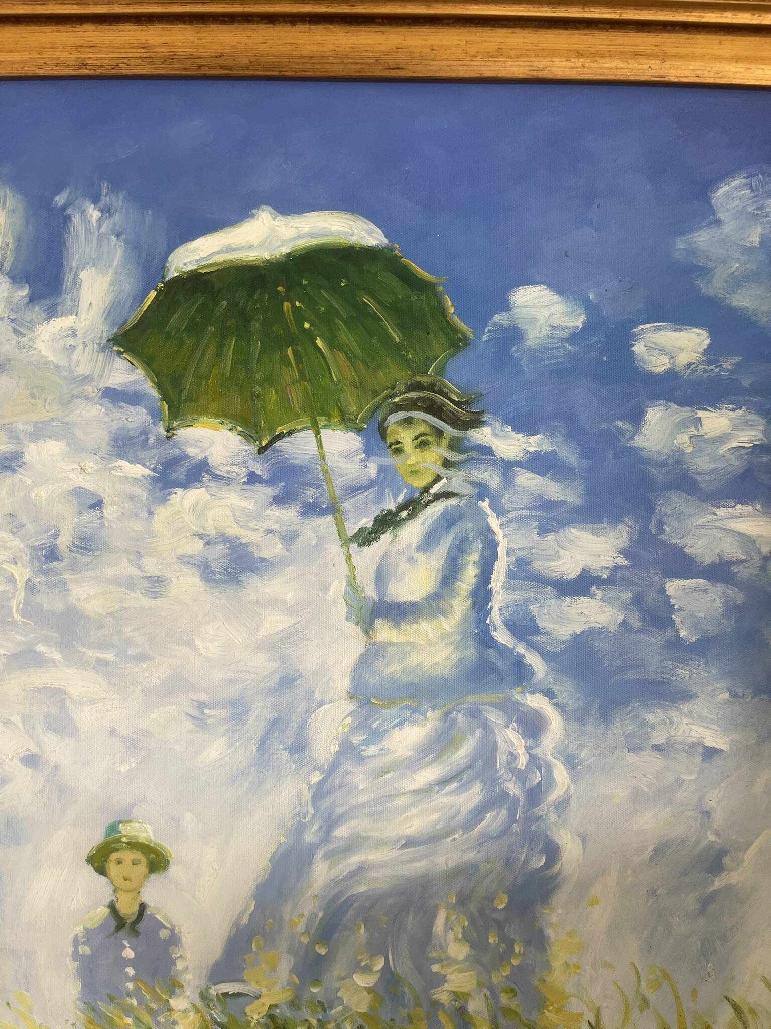 Old oil painting canvas reproduction woman with parasol monet 80x70 signed