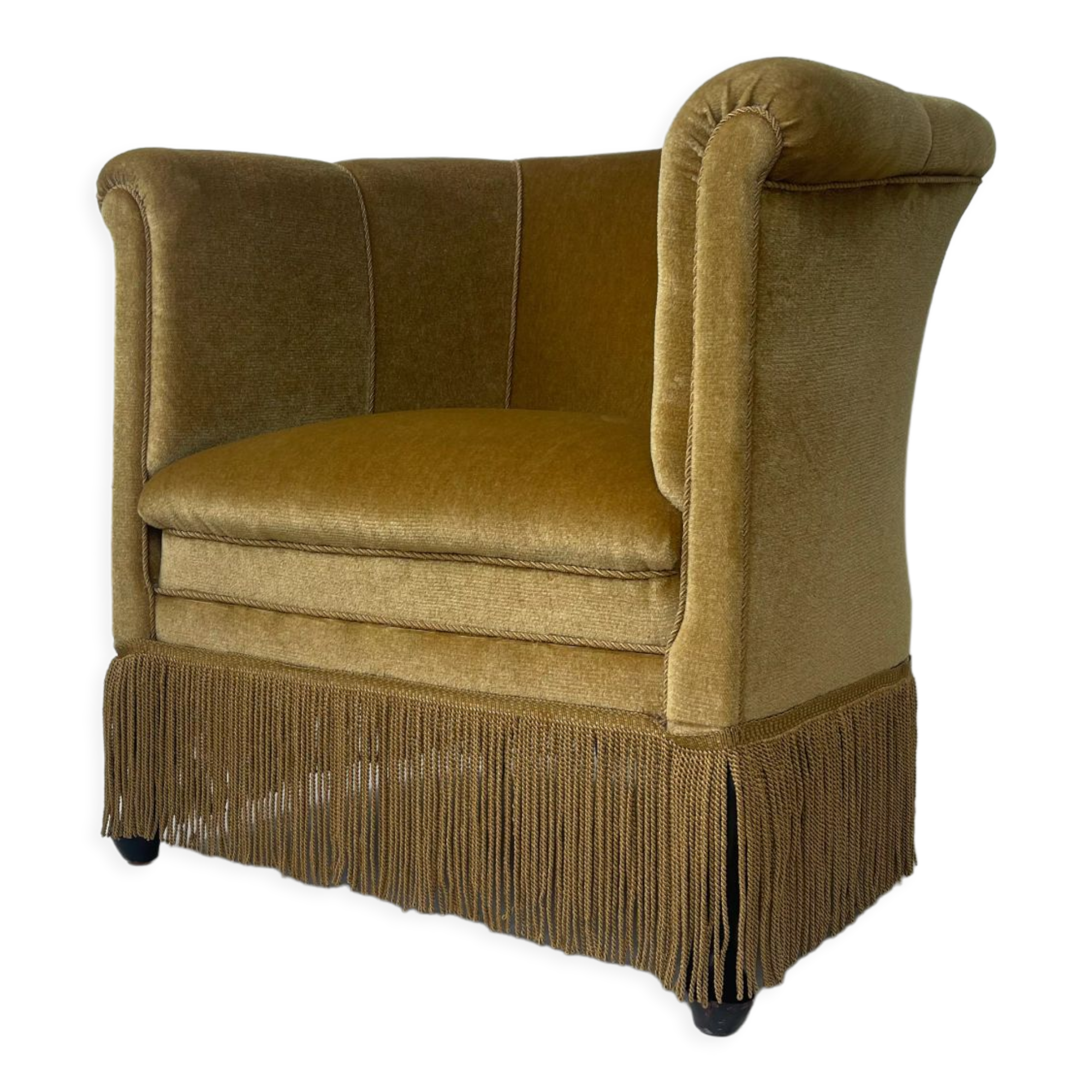 Mid century gold fringed velvet tub armchair