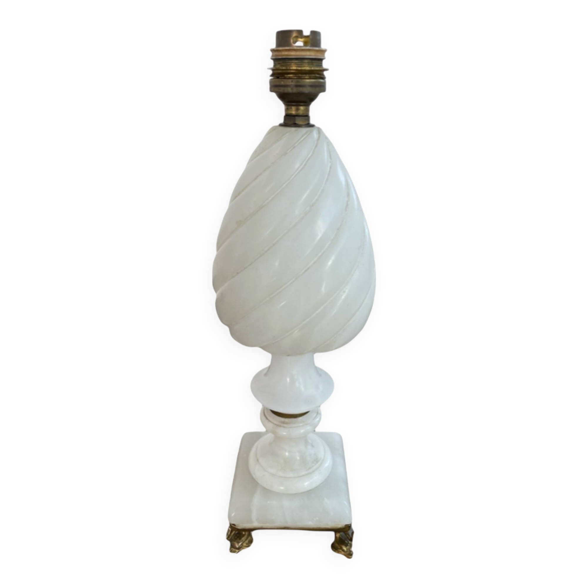 Alabaster lamp, twisted, gadroon decoration, gilded brass base, dolphins