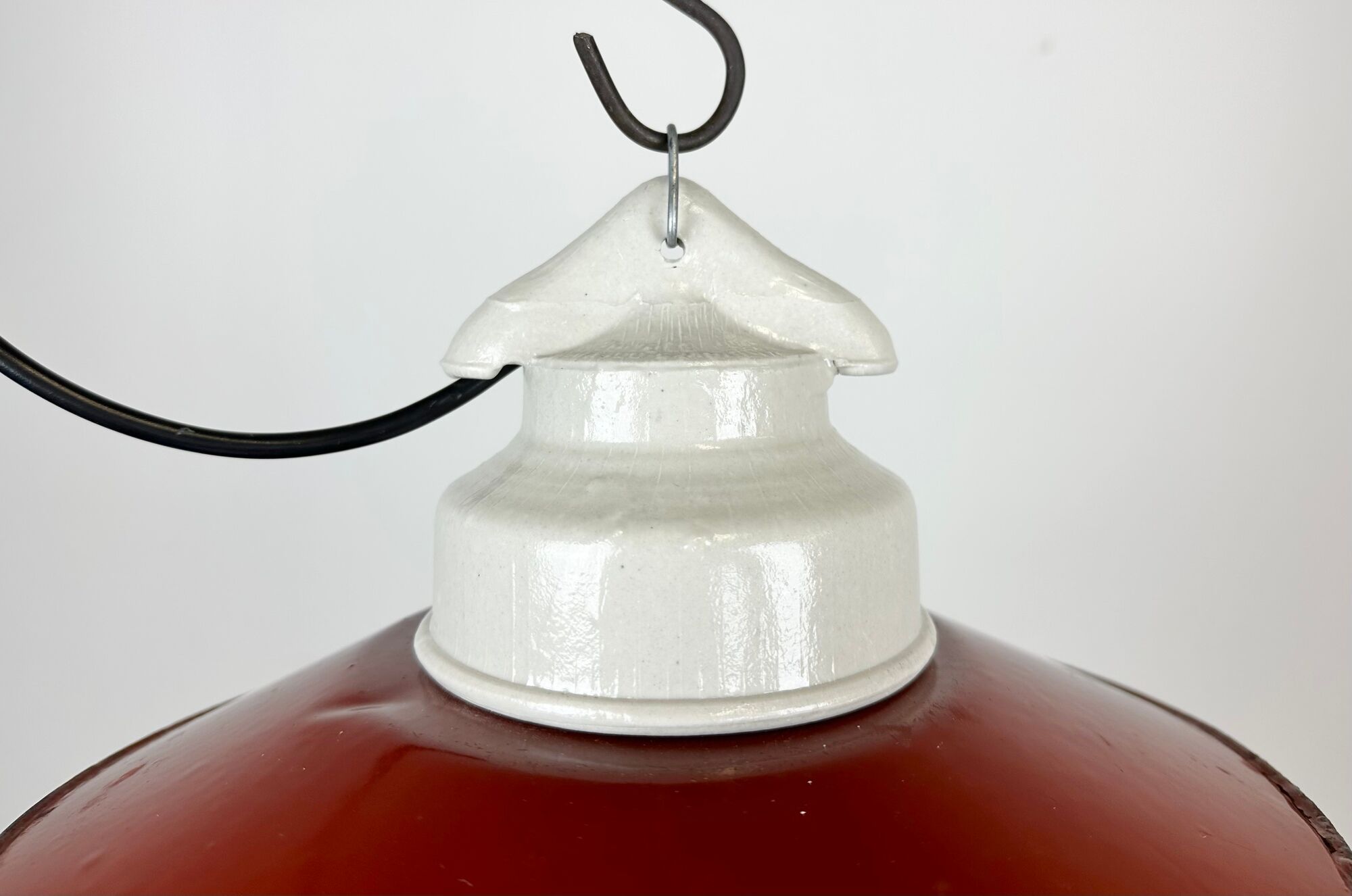 Industrial porcelain red enamel pendant light with ribbed clear glass, 1970s