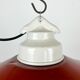 Industrial porcelain red enamel pendant light with ribbed clear glass, 1970s