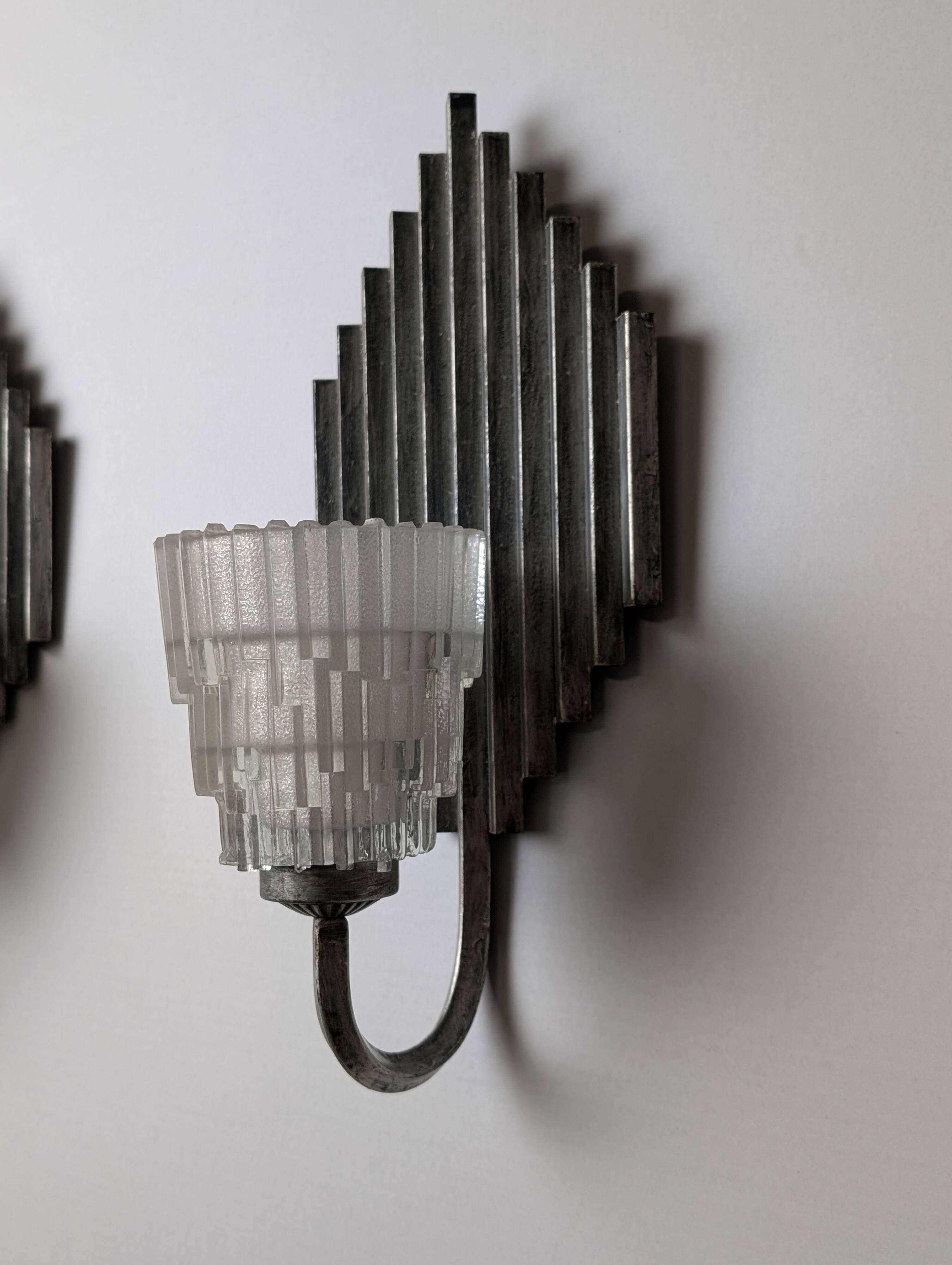 Pair of Ferro Art Iron and Glass Wall Sconces Art Deco Style 1970s