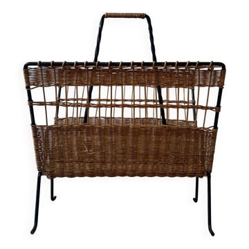 Black wrought iron and rattan magazine rack by Raoul Guys, 1950.