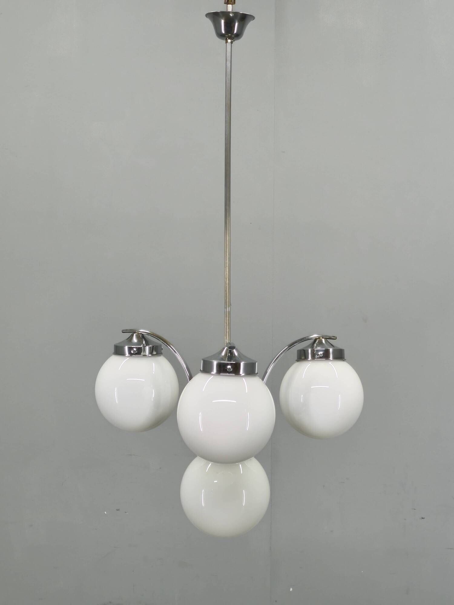 Czech Art Deco Chandelier from the 1930s with Four Opaline Glass Shades