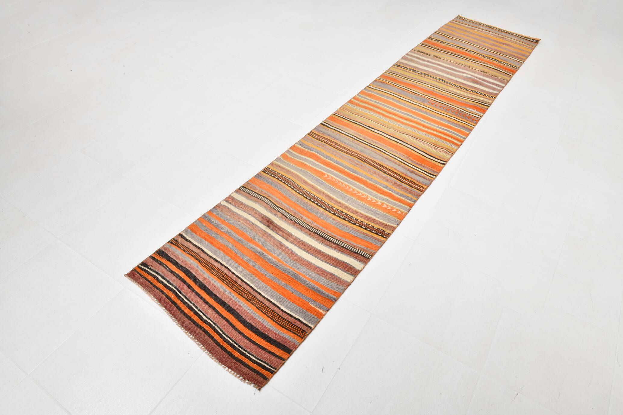 Orange Green Striped Pattern Vintage Runner Rug, 69x325Cm