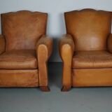 Pair of French Cognac Moustache Back Leather Club Chairs, 1950s