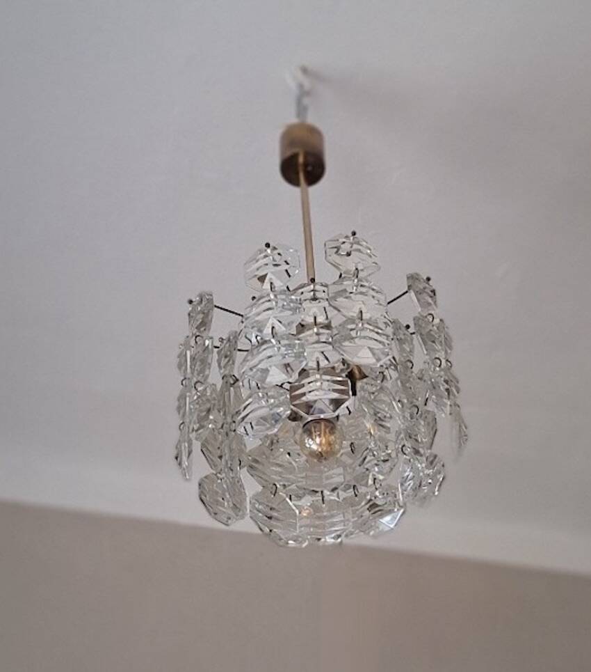 Kinkeldey brass and faceted glass 3-level chandelier, 1960s