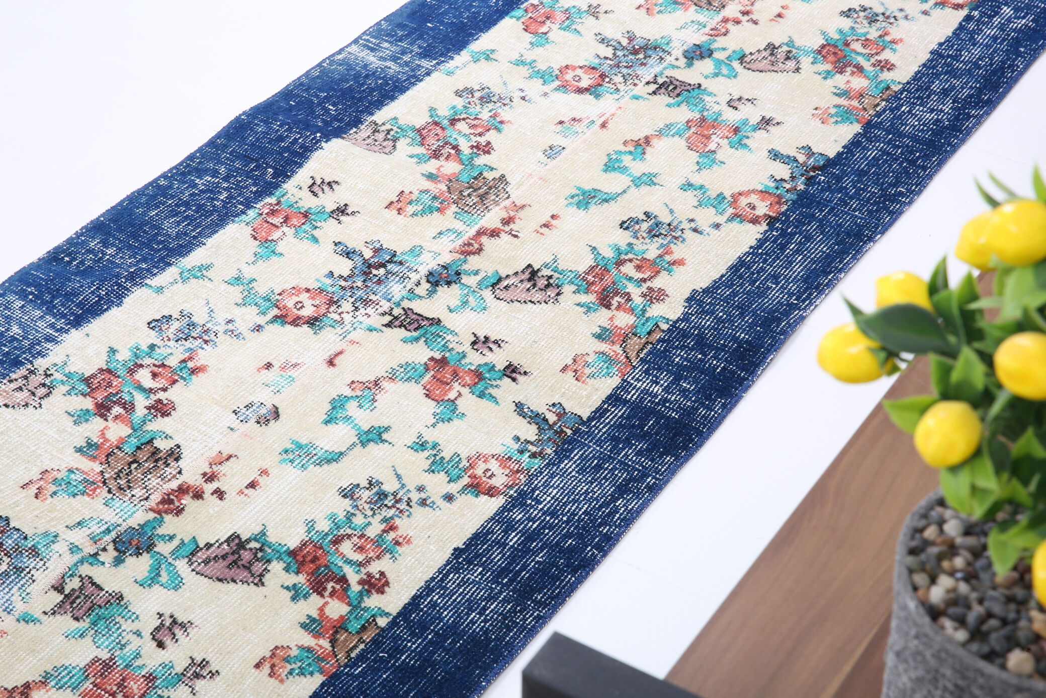 Blue floral vintage runner rug 275x74cm