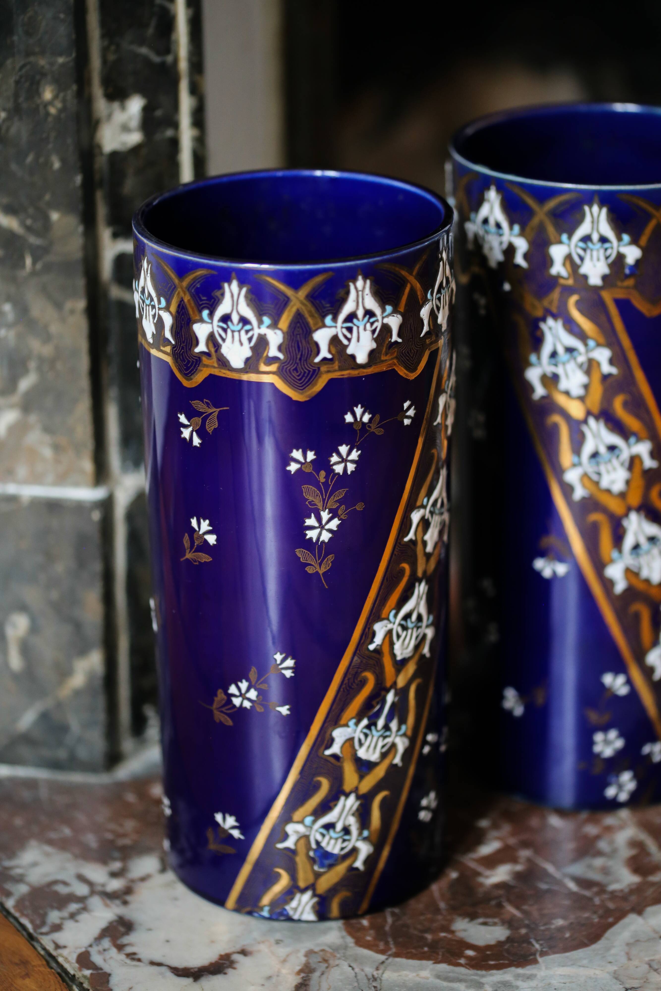 Pair of Lunéville porcelain vases Art Nouveau blue ceramic